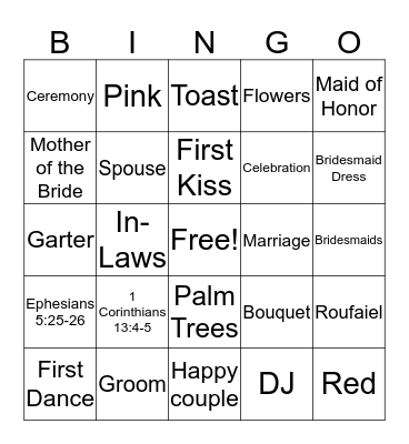 Mary's Bridal Shower Bingo Card