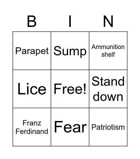 WW1 Bingo Card