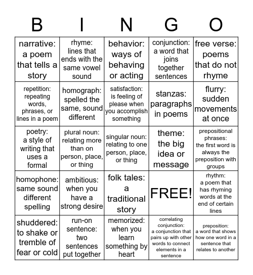Kylie's Bingo Definitions Bingo Card