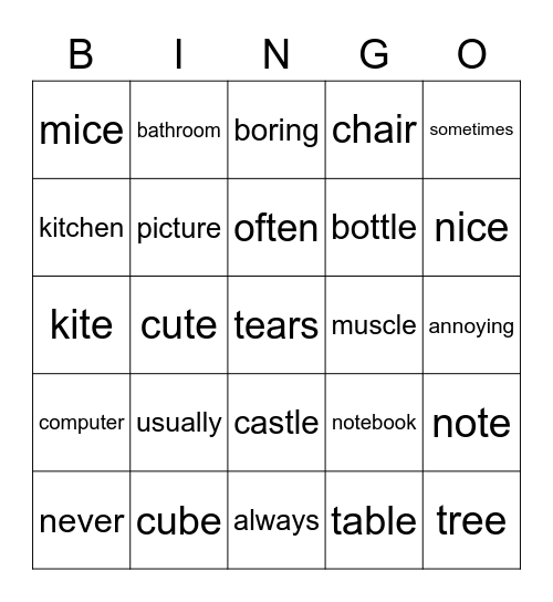 9-12 English Words Bingo Card