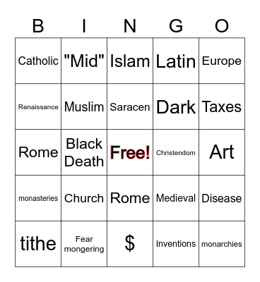 Early Middle Ages Bingo Card