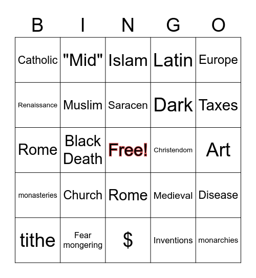 Early Middle Ages Bingo Card