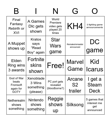 Game Awards Bingo Card