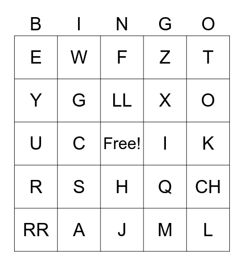 Spanish Alphabet Bingo Card
