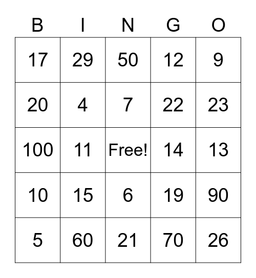bingo 1- 101 Bingo Card