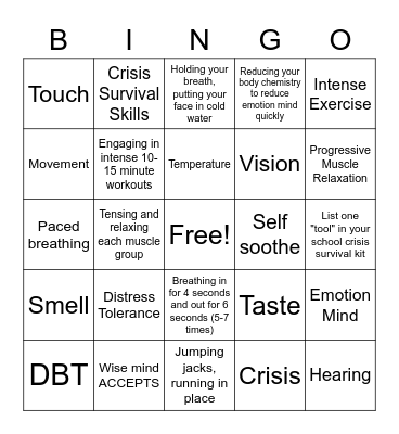Crisis Survival Skills Bingo Card