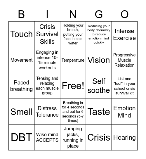 Crisis Survival Skills Bingo Card