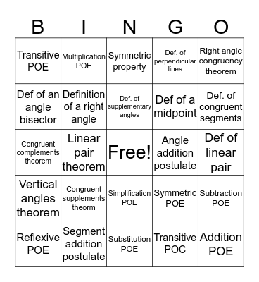 Geometric proofs reasons Bingo Card