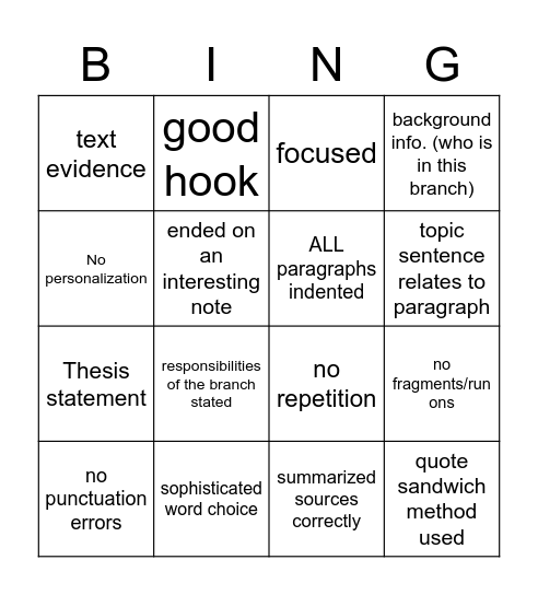 US Government Bing Bingo Card