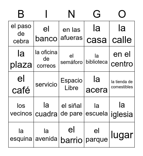 Neighborhood Vocab Bingo Card