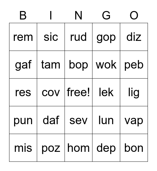 CVC words Bingo Card