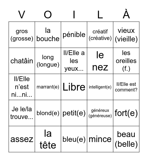 Bien Dit! Chapitre 3; Vocabulaire 1 Bingo Card