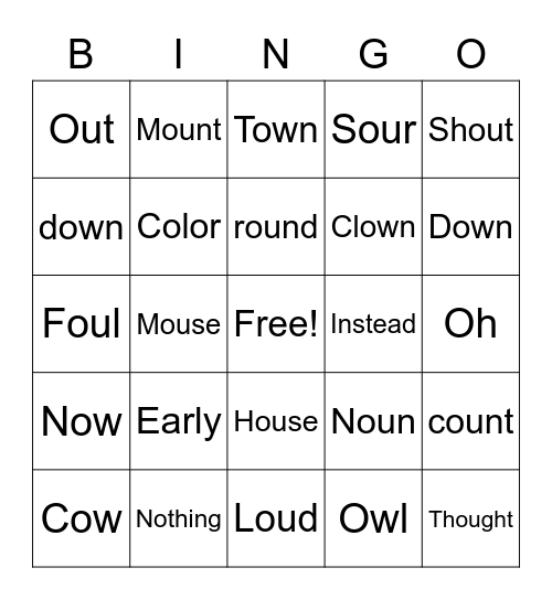 Ow/Ou Words Bingo Card