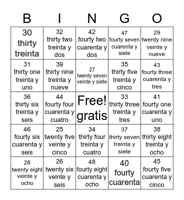 numbers/ numeros 25-48 Bingo Card