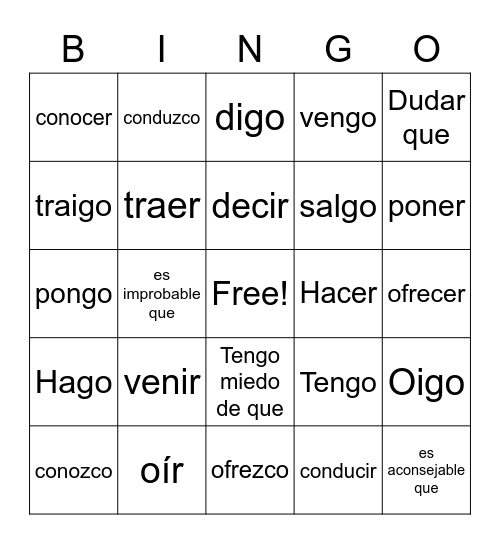 Irregular yo verbs Bingo Card
