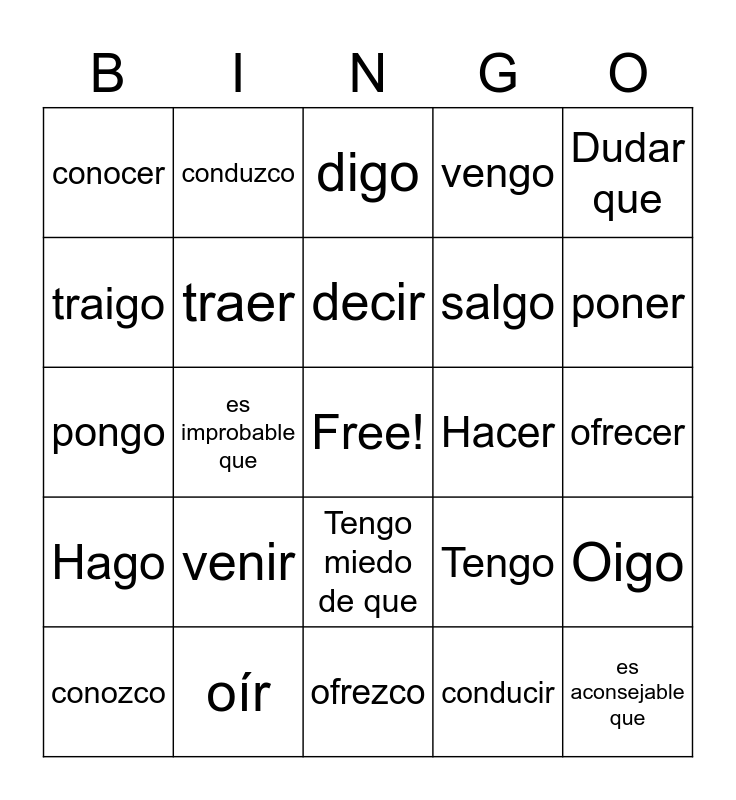 Irregular yo verbs Bingo Card