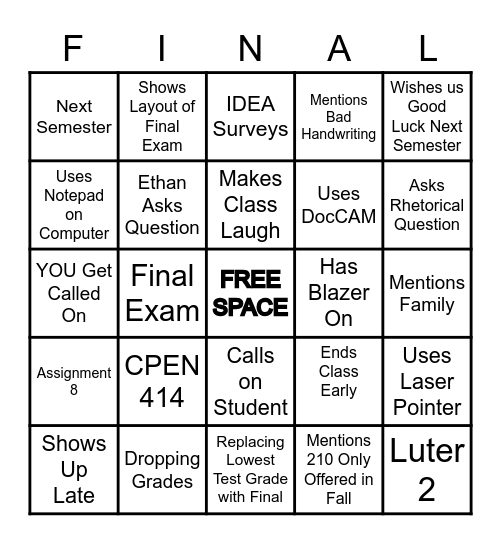 Dr. Gerousis' Last Day of Class BINGO Card