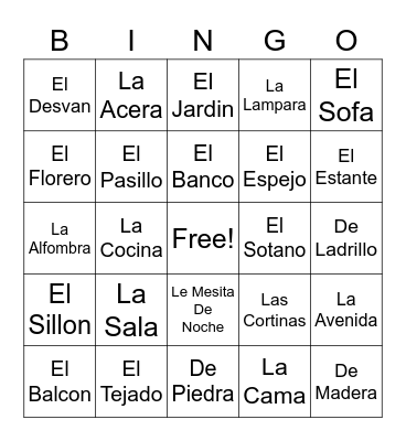 Unit 2 Spanish Vocab Bingo Card