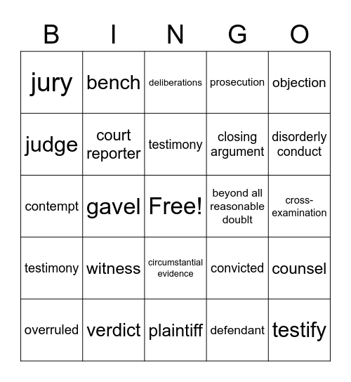 Courtroom Jargon Bingo Card