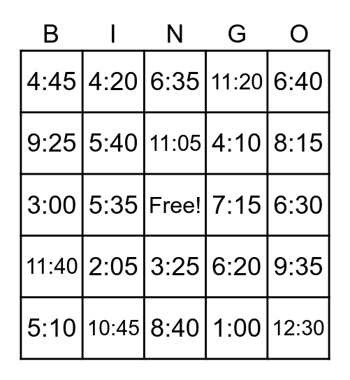 UNIT 3 P1: TELLING TIME Bingo Card