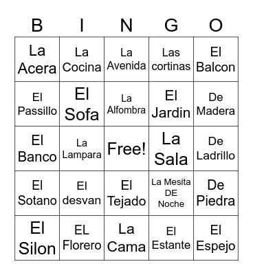 Unit 2 Spanish Vocab Bingo Card
