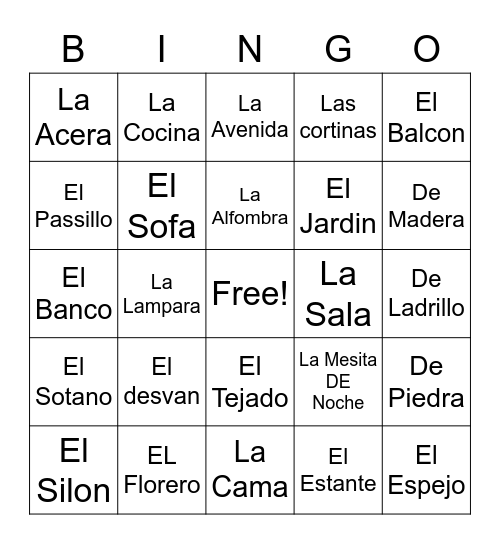 Unit 2 Spanish Vocab Bingo Card
