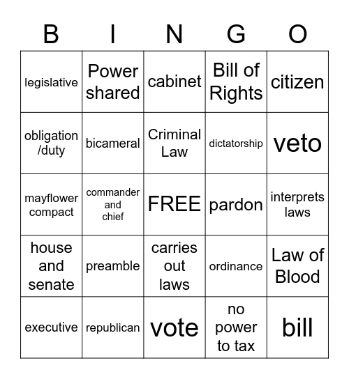 Civics Bingo Card