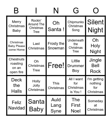 Holiday Songs Bingo Card