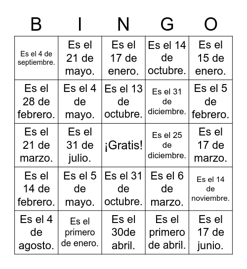 La fecha Bingo Card
