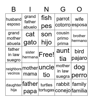 family/familia/pets Bingo Card