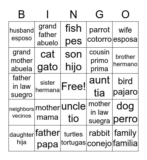 family/familia/pets Bingo Card