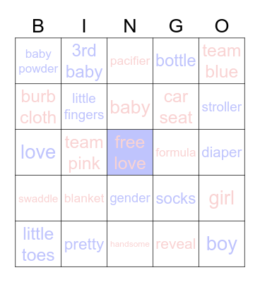 gender reveal Bingo Card
