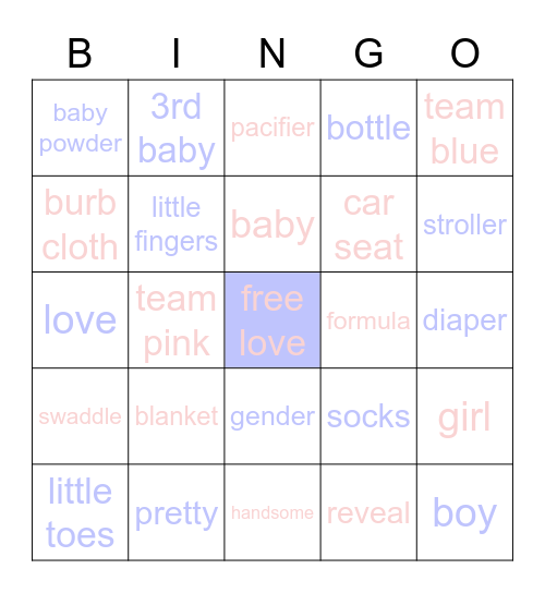 gender reveal Bingo Card