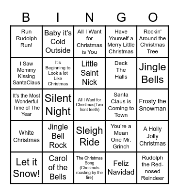 Music Bingo Christmas Bingo Card