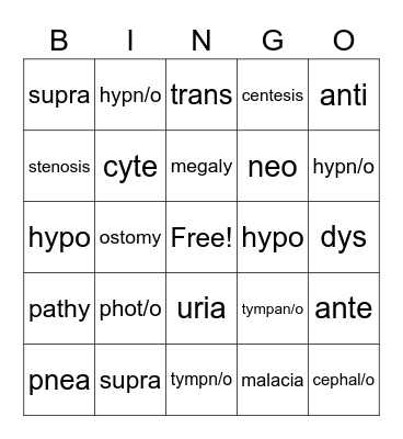 Medical Terminology Bingo Card