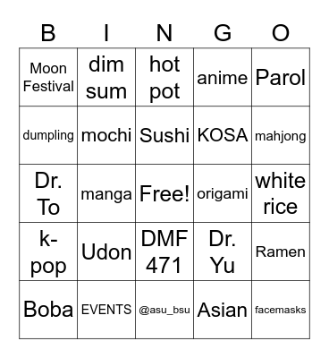 ASU Fall Semester 2022 BINGO Card