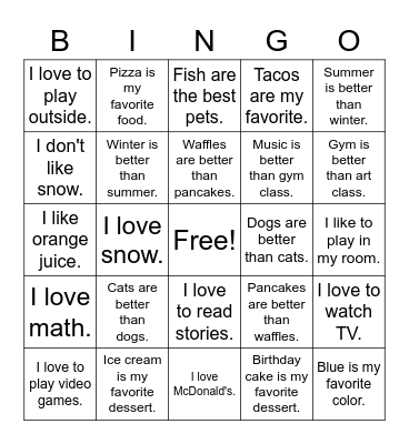 Different Opinions Bingo Card