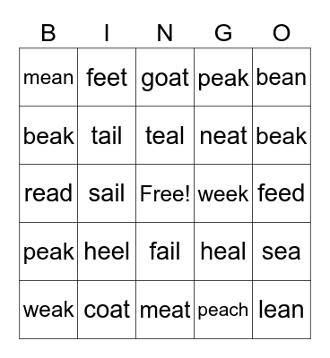 Double Vowels Bingo Card
