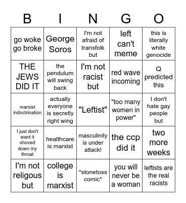 Right Wing Schizo Bingo Card