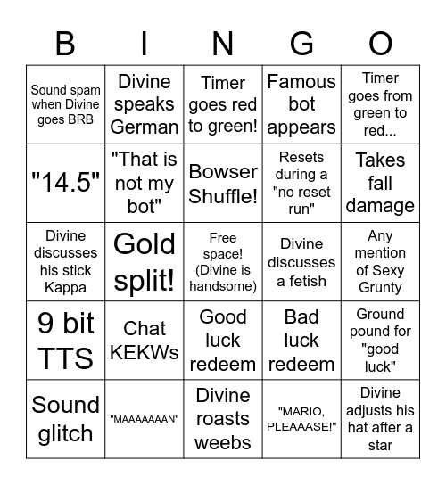 The Divinehere SM64 experience Bingo card Bingo Card