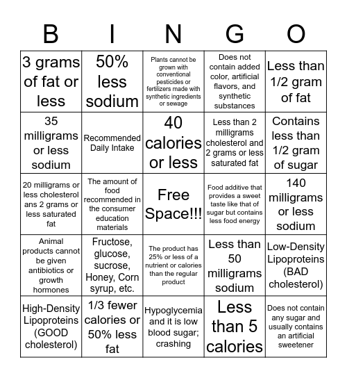 Nutrition Bingo Card