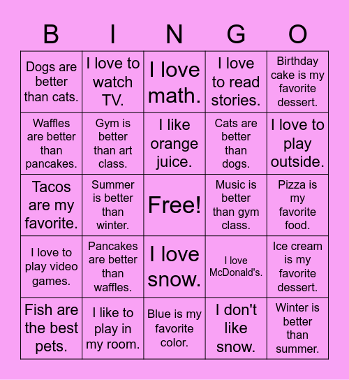 Different Opinions Bingo Card