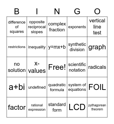 MAT1033 Final Exam Review Bingo Card