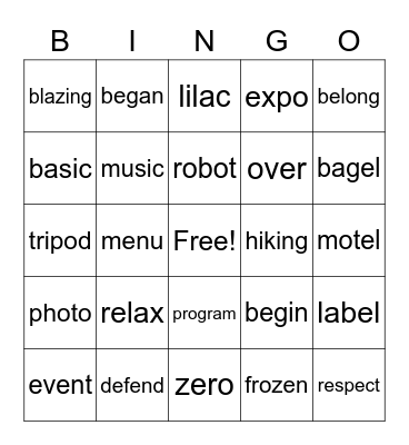 2 syllabes Bingo Card