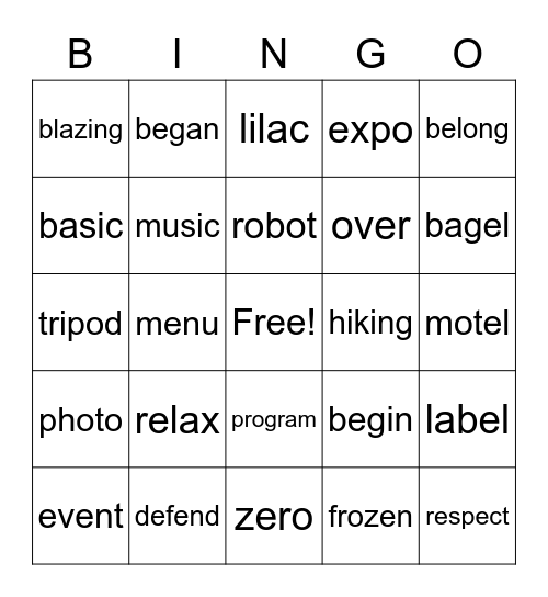 2 syllabes Bingo Card