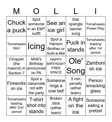Molli's 8th Birthday Bingo Card
