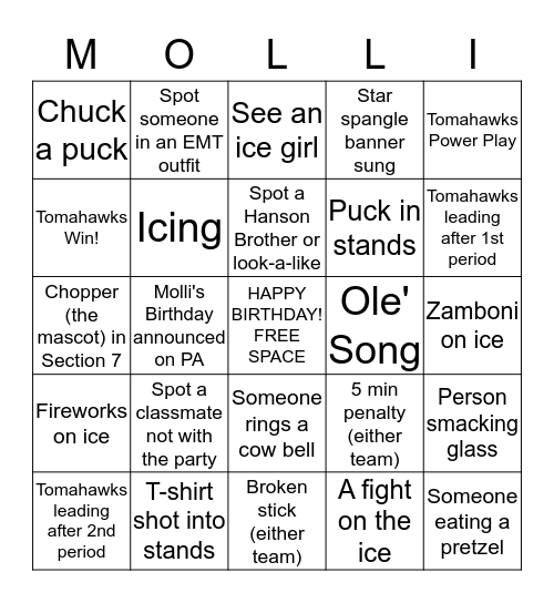 Molli's 8th Birthday Bingo Card