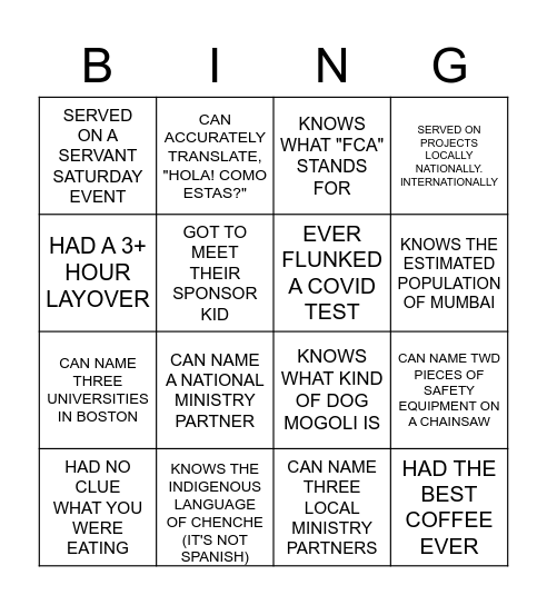 Missions Bingo Card