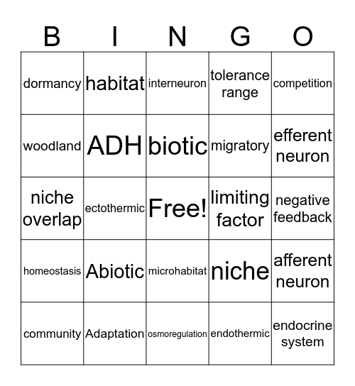 Chapter 9 and 10  Bingo Card