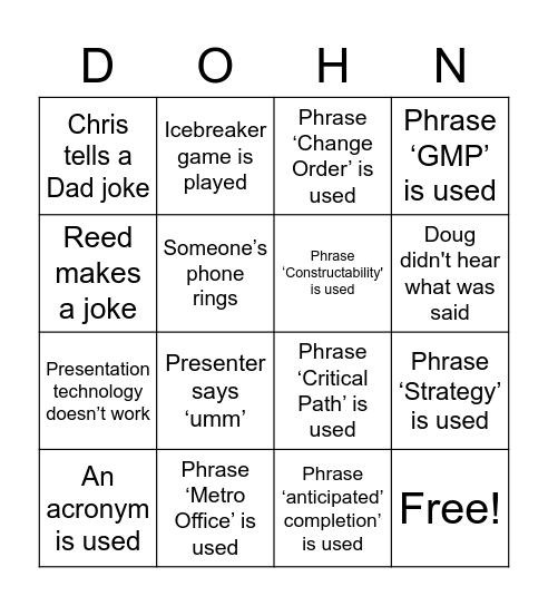 Dohn Construction Bingo Card